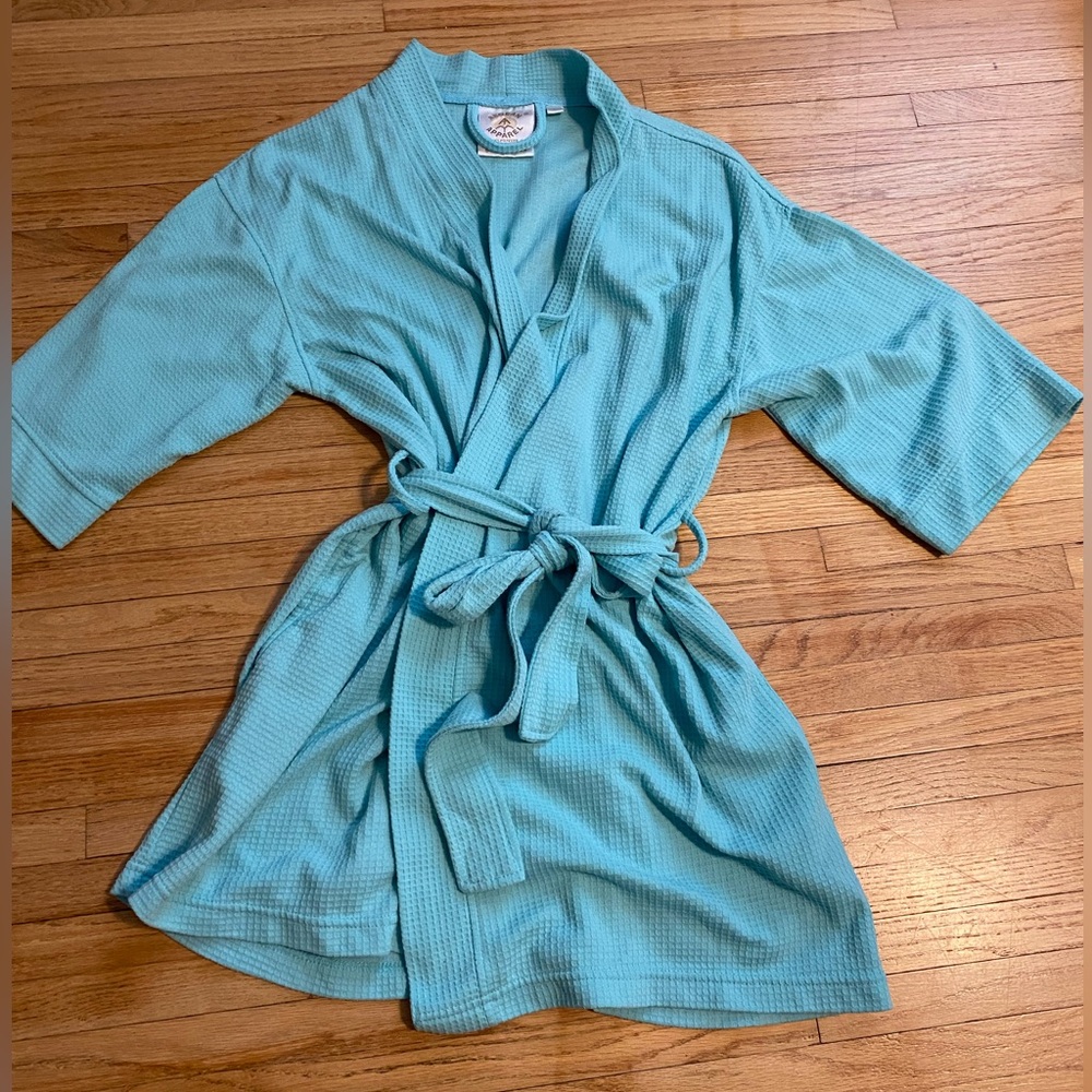 Aegean Apparel Women L Light Blue Waffle Knit Robe Tie with Pockets